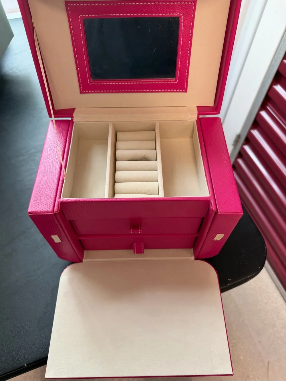 Deluxe Hot Pink Jewelry Organizer Box with Mirror